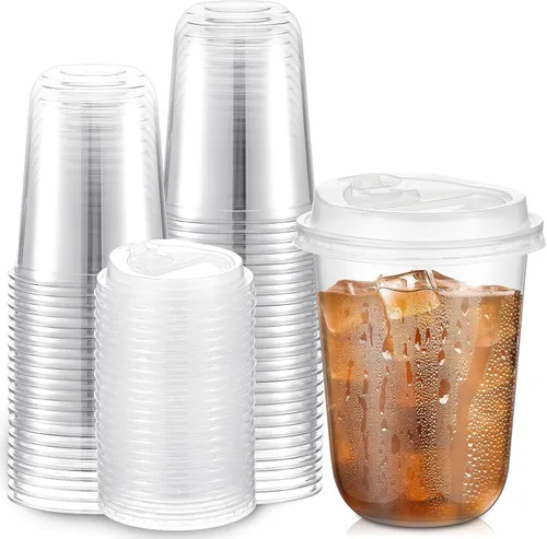 Vista 8 de Baderke Juego de 25 vasos de plástico transparente de 14 onzas con tapas, tazas de café helado resistentes con tapas, vasos de plástico desechables