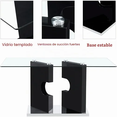 Vista 4 de Juego de 4 mesas de comedor de cristal, juego de mesa de comedor de Mesa negra+silla negra