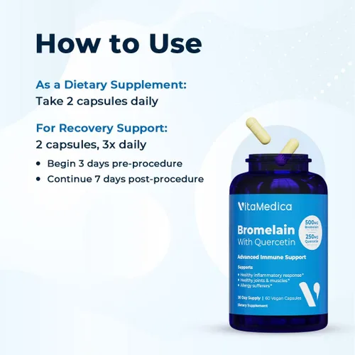 Vista 5 de VitaMedica Suplemento de bromelina y quercetina - 500 mg de bromelina 250 mg de quercetina - 2400 GDU para inmunidad, apoyo articular, inflamación