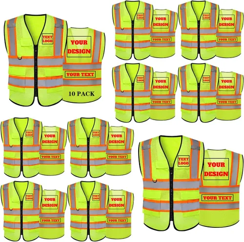 Vista 22 de Chaleco de seguridad reflectante de malla con logotipo personalizado Clase 2 con 5 bolsillos y cremallera