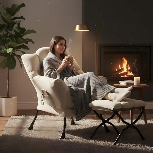 Vista 5 de Furlide Silla Perezosa con Otomana, Cómoda Silla de Salón con Brazos de Tela Acentuada con Almohada Lumbar y Reposapiés Plegable, Silla Sofá de Beige
