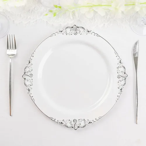 Vista 8 de Paquete de 10 platos redondos de plástico barroco dorado de 8 pulgadas para ensalada de postre, vajilla desechable con borde dorado en relieve