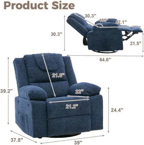 Vista 2 de Silla reclinable mecedora de gran tamaño para adultos, silla reclinable giratoria de 360°, sofá individual con masaje por vibración y calefacción