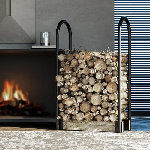 Vista 2 de Fire Beauty Kit de soporte ajustable para leña, soporte de almacenamiento de madera para chimenea, polvo negro, acero recubierto, exterior e