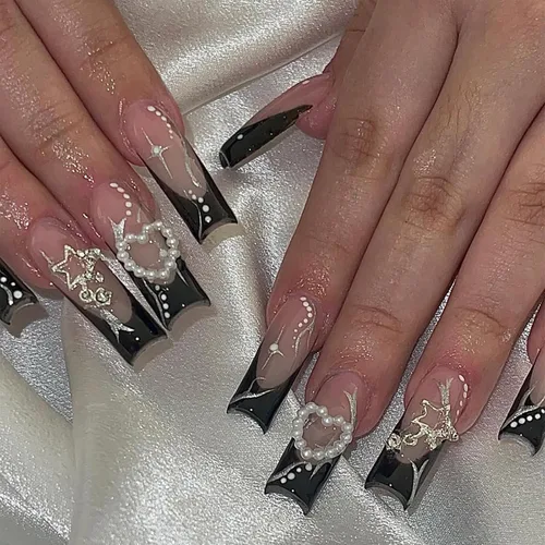 Vista 8 de Uñas postizas a presión de ballet negras, uñas postizas largas cuadradas con punta francesa, uñas postizas con lazo rosa con diseños de perlas