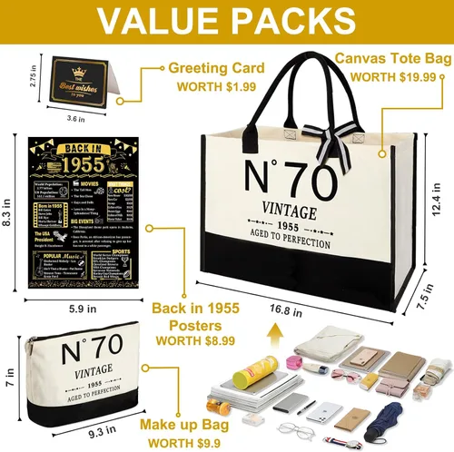 Vista 4 de YeohJoy Regalos de 70 cumpleaños para mujeres, bolsa de lona para viaje, regalos únicos de 70 años para esposa, hermana, mamá, tía, amigos, ella