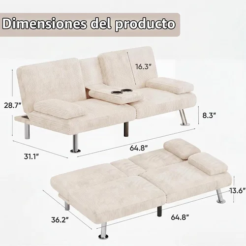 Vista 3 de Flamaker - Sofá cama tipo futón convertible de pana