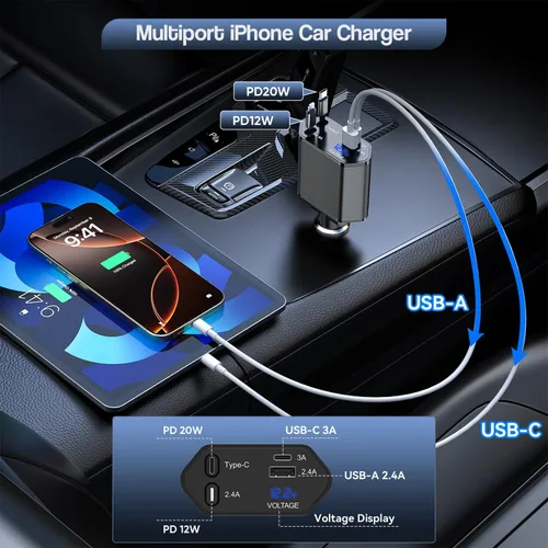 Vista 3 de Cargador de Coche Retráctil para iPhone, Cargador de Coche 4 en 1 de 66W de Carga Rápida con 2 Cables Retráctiles (PD y Lightning) y 2 Puertos