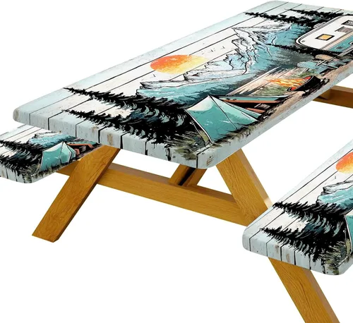 Vista 2 de Funda para Mesa de Picnic con Fundas para Bancos y Bolsa, Campista de Madera Impermeable Resistente al Viento, Cubierta de Mantel Ajustada con Borde