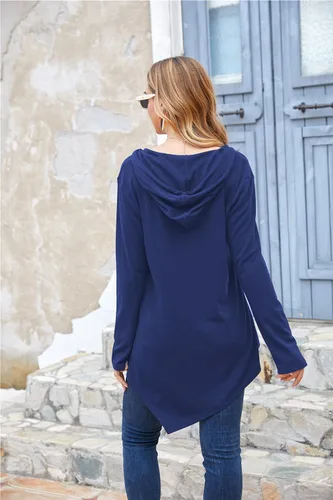 Vista 3 de Tencole Camiseta asimétrica con capucha para mujer, manga larga, túnica casual con bolsillo