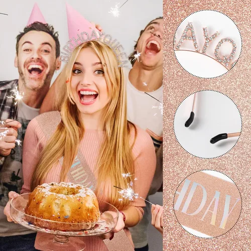 Vista 9 de Coronas de cumpleaños para mujer con banda de feliz cumpleaños para niña, accesorios brillantes de diamantes de imitación, recuerdos de fiesta