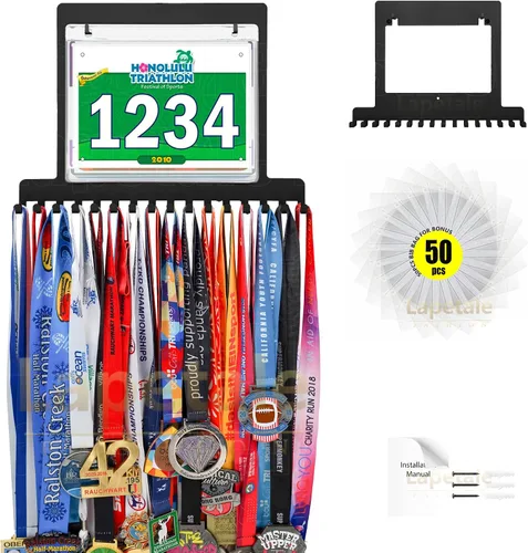 Vista 11 de Colgador de medallas para carreras, exhibición de medallas de maratón y colgador de medallas para corredores, exhibición de medallas con dorsal