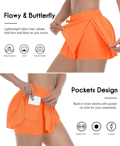 Vista 4 de QooNoo Pantalones cortos deportivos 2 en 1 para mujer, pantalones cortos de mariposa fluidos con bolsillos, pantalones cortos de gimnasio de alta