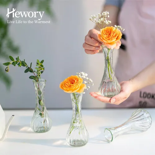 Vista 4 de Hewory Juego de 12 jarrones de cristal pequeños para flores, jarrones transparentes a granel, bonitos jarrones de vidrio para centros de mesa, mini