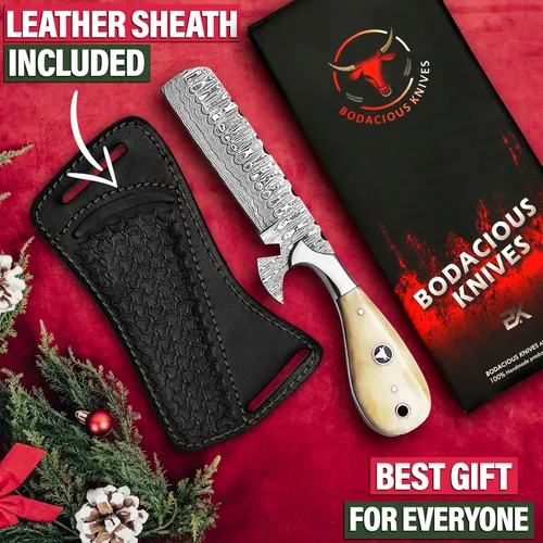 Vista 8 de Cuchillo cortador de toros de Damasco hecho a mano de 8 pulgadas con funda de cuero, cuchillo vaquero occidental para caza, desollar, acampar