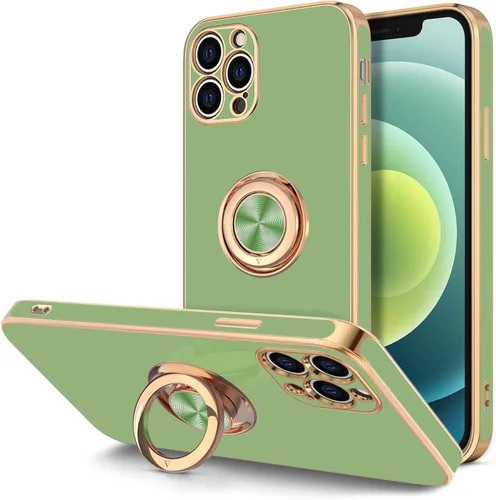 Vista 11 de Hython Funda para iPhone 12 Pro Max con Soporte de Anillo [Soporte Magnético Giratório de 360°] [Forro de Microfibra Suave] Borde Chapado en Oro