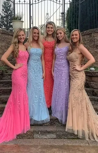 Vista 4 de Vestidos de fiesta de sirena con apliques de encaje, tirantes delgados, vestidos formales de tul, vestidos de noche ajustados para mujer