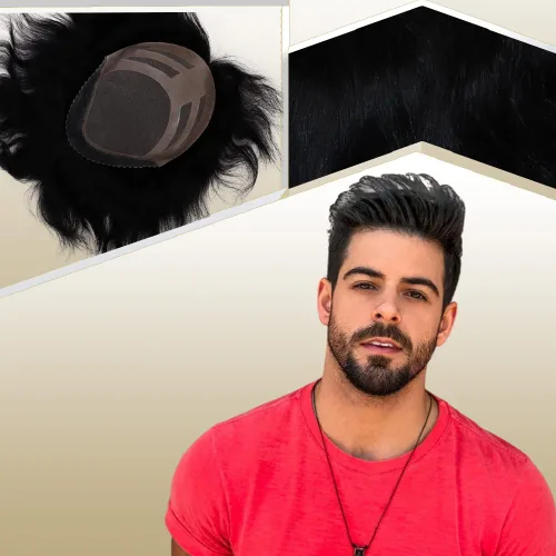 Vista 25 de Sistema de reemplazo de cabello humano para hombre, tupé para hombre, piel fina con parte superior de encaje mono y la parte trasera de poliuretano