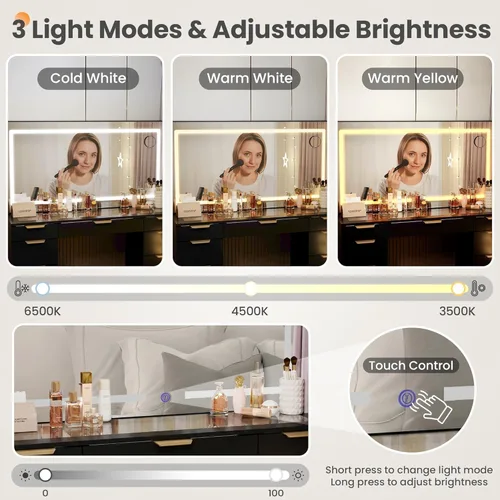 Vista 4 de Escritorio de tocador de cristal con espejo y luces, 11 cajones de maquillaje con taburete, 3 modos de iluminación con toma de corriente, asas
