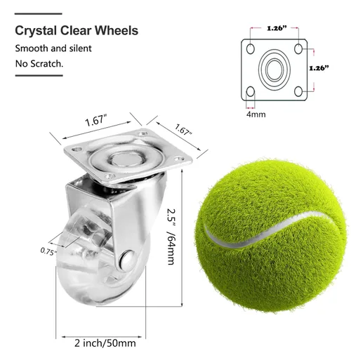 Vista 2 de Juego de 4 ruedas giratorias para muebles, ruedas giratorias de poliuretano transparente de 2 pulgadas resistentes de 500 libras con placa de 360