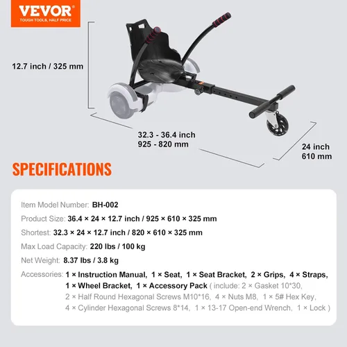 Vista 7 de VEVOR Hoverboard Seat Attachment, Adjustable Frame, 220 LBS Capacity, Fits 6.5" 8" 8.5" 10" Hoverboards, Go Kart Accessory for Kids & Adults