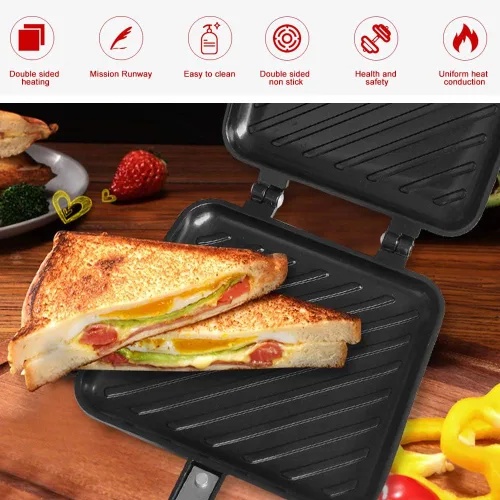Vista 8 de Sandwichero, doble revestimiento antiadherente a la parrilla para sándwiches y panini, sartén caliente de aluminio antiadherente