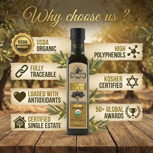 Vista 3 de Ellora Farms, Aceite de oliva virgen extra orgánico, griego rastreable, alto contenido de fenoles prensado en frío, Kosher, botella de vidrio