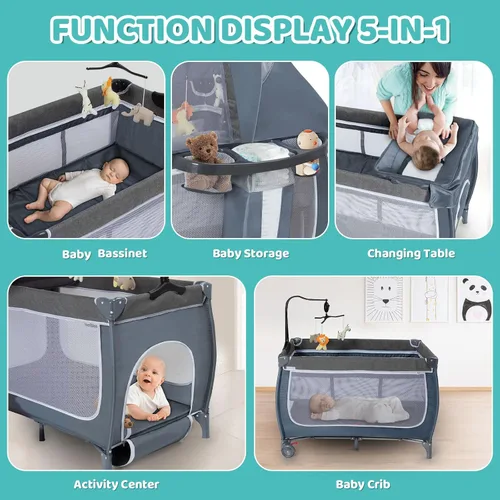 Vista 5 de SIMPLGIRL Moisés de noche para bebé, paquete 4 en 1 n P-Lay - Cuna de bebé con mosquitera, T-oys y Music B-ox, colchón, patio plegable para recién