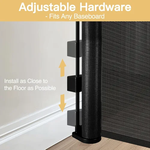 Vista 7 de Puerta Reforzada para Mascotas Extra Alta de 42" y Puerta Retráctil para Bebés de 55" de Ancho con Varillas de Soporte - Puerta Retráctil para Negro
