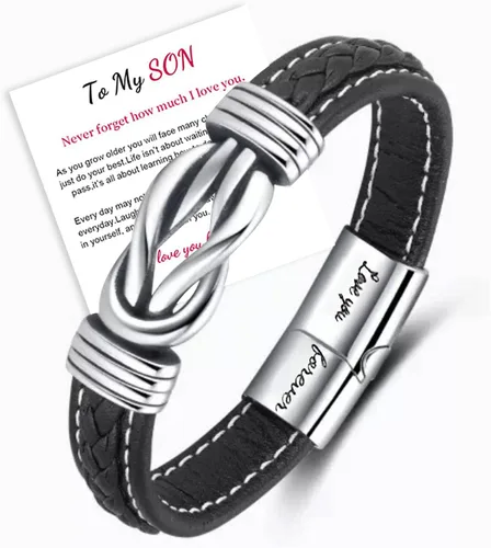 Vista 2 de Relleno de Regalo para Adolescentes Hijo/Nieto Regalo para Chicos Teens Pulsera de Cuero para Hombres, “Te Amo Para Siempre”Pulsera de Hombre