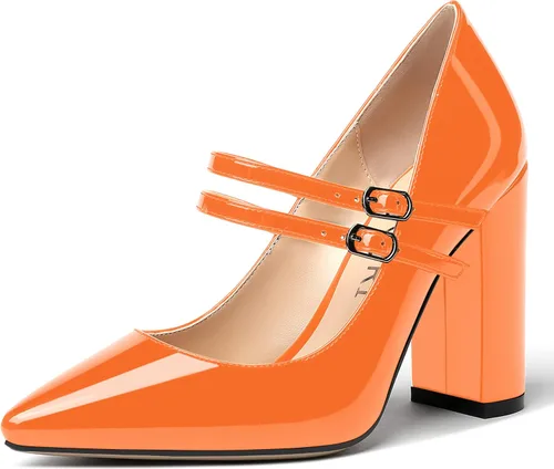 Vista 9 de MERRORI Vestido sólido con correa ajustable para mujer, con hebilla de patente, puntera puntiaguda, tacón alto, zapatos de 4 pulgadas Beige