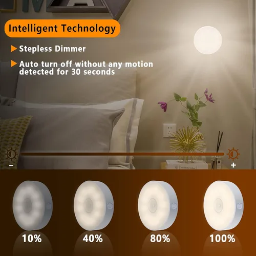 Vista 4 de LAVAED Paquete de 4 luces de disco con sensor de movimiento para interiores, luces LED de armario, luces nocturnas recargables por USB, 9 LED, 3000