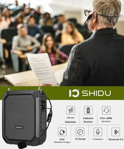 Vista 2 de SHIDU Amplificador de Voz para Profesor con Micrófono Portátil y Altavoz, Megáfono de 18W con Auriculares de Micrófono Cableado, IPX5 Impermeable