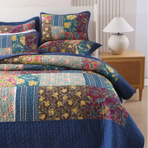 Vista 2 de VISIMISI - Juego de colcha de algodón, juego de cubrecama reversible de retazos, 3 piezas, diseño vintage floral de mosaico azul, tamaño queen