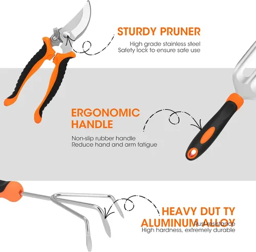Vista 5 de Gartden Tools, 10 herramientas de jardín de acero inoxidable para jardinería con mango ergonómico antideslizante, herramientas de mano de jardín