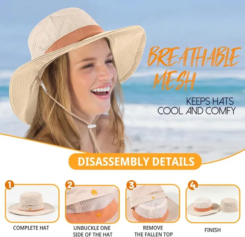 Vista 2 de Waterproof Sun Hats for Women UV Protection Fishing Hat Wide Brim Safari Hats 2 in 1 Snap-Button Flodable Bucket Hat Outdoor