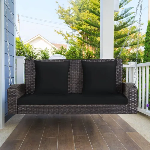 Vista 3 de Tangkula Columpio de Mimbre para Porche de 2 Personas, Patiojoy Banco Colgante de Ratán para Exteriores con 2 Cojines de Respaldo y 1 Cojín