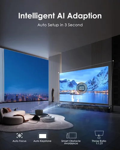 Vista 7 de Proyector inteligente 4K para dormitorio, proyectores de cine en casa para interior y exterior con WiFi, Bluetooth, NFC, Airplay inalámbrico