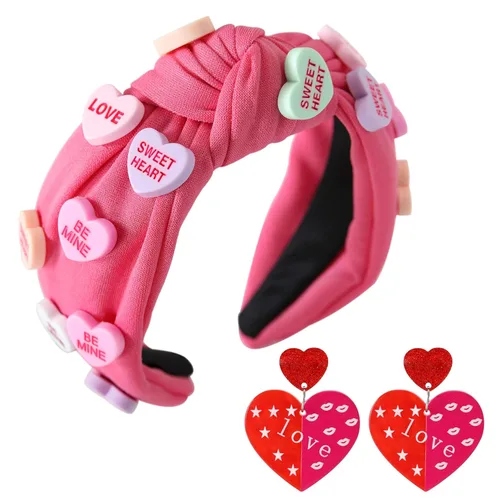 Vista 10 de Diademas de corazón de caramelo para el día de San Valentín para mujer, diadema de corazón de conversación de amor con diamantes de imitación