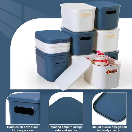 Vista 3 de Thyle Paquete de 12 contenedores de almacenamiento de plástico azul y blanco con tapas, contenedor de almacenamiento apilable para regreso a clases