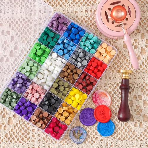 Vista 4 de Kit de sellos de cera – 630 cuentas de cera, caja de regalo, calentador, bolígrafos metálicos, sobres, juego de sellos para regalos y decoración