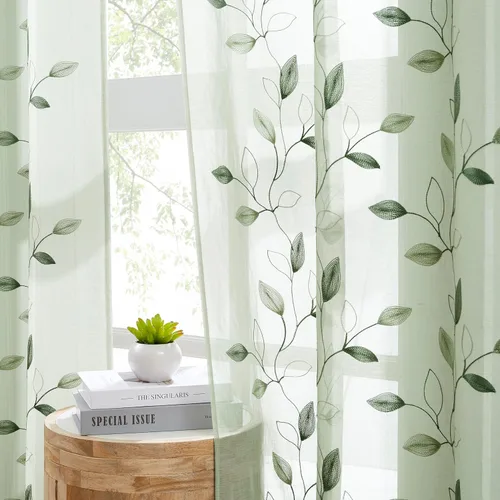 Vista 25 de Bujasso - Cortinas de hojas transparentes de 63 pulgadas, bordadas con flores, estilo granja, cortinas con filtro de luz para ventana, patrón Dorado
