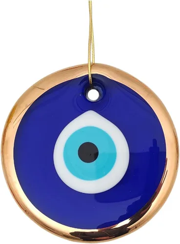 Vista 6 de Glass Blue Evil Eye Wall Hanging Gold Ornament - Turkish Nazar Bead - Home Protection Charm - Wall Decor Amulet in a Black Box (3")