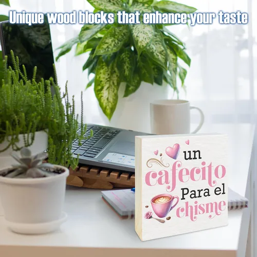 Vista 4 de Un Cafecito Para el Chisme – Cartel de madera de barra de café de 5 pulgadas – Cartel de madera rústica rosa – Decoración de mesa de granja