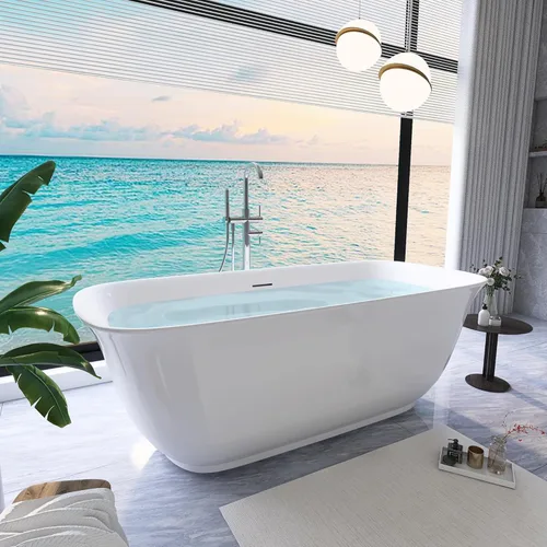 Vista 16 de Bañera independiente de 59", bañera independiente de acrílico puro, elegante bañera independiente contemporánea de remojo profundo, certificada cUPC