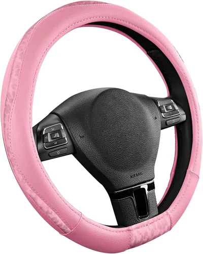 Vista 2 de Road Comforts Funda para volante, cubierta de volante de parte inferior plana hecha con piel de PVC y tela de leopardo, ajuste universal