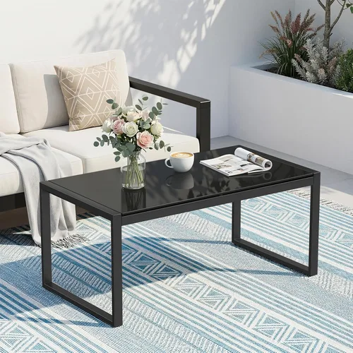 Vista 8 de ONBRILL Mesa de café rectangular con escritorio de vidrio templado, mesa de café para exteriores con marco galvanizado y pies ajustables para patio