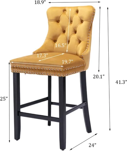Vista 174 de SoarFlash Juego de 2 taburetes de bar tapizados de terciopelo moderno con patas de madera, botones acolchados, cabeza de clavo cromada, asiento