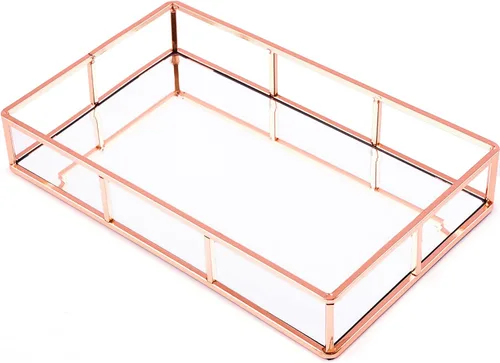 Vista 8 de Bandeja con espejo PuTwo, bandeja dorada para cómoda, bandeja decorativa de metal, bandeja de joyas y perfumes, bandeja para maquillaje para Dorado