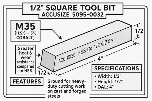 Vista 2 de Accusize Industrial Tools 1/2 x 1/2 x 4 pulg. (Ancho por Altura por TOL) Broca de herramienta HSS+5% M35 Cobalto para torno, 5095-0032 HSS + 5%